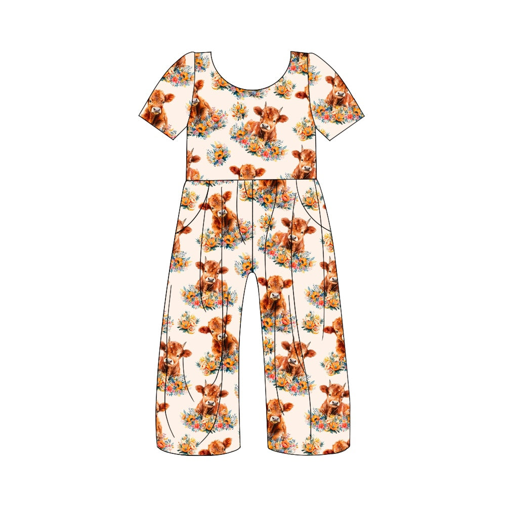 highland cow floral wide leg jumpsuit