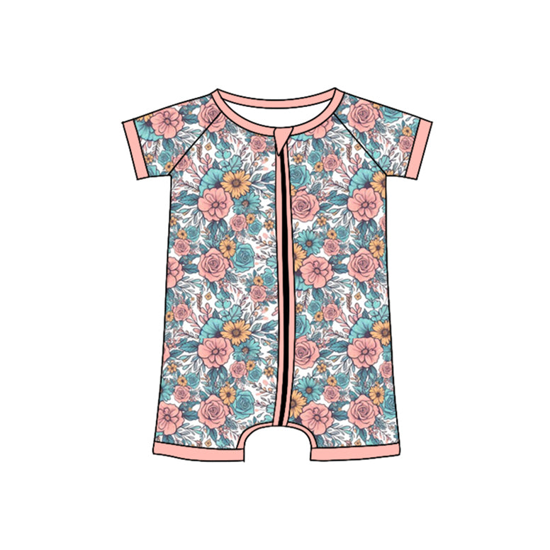 kids baby girls wholesale floral short sleeve zip romper