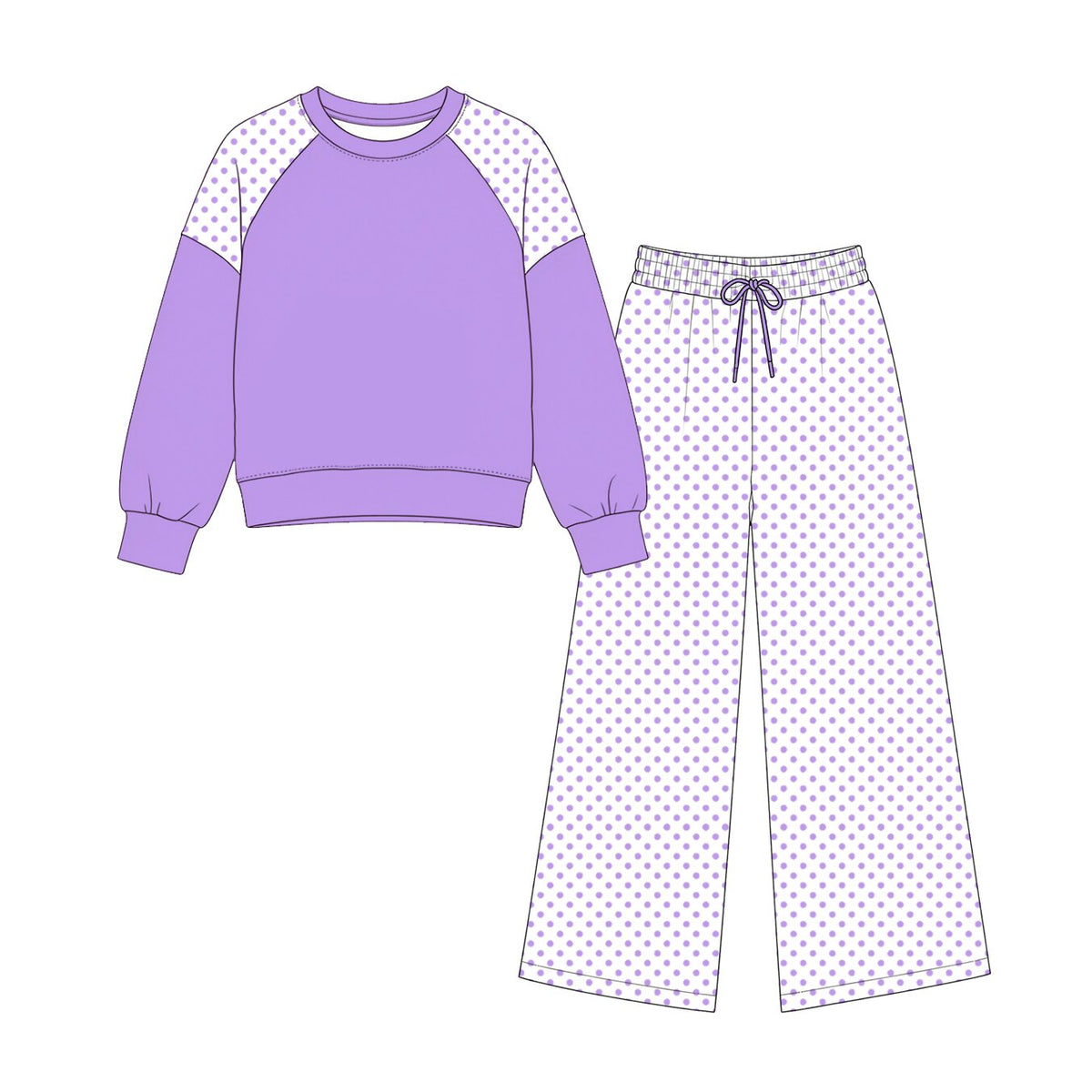 Laveder color polka dots design long sleeve top pants set