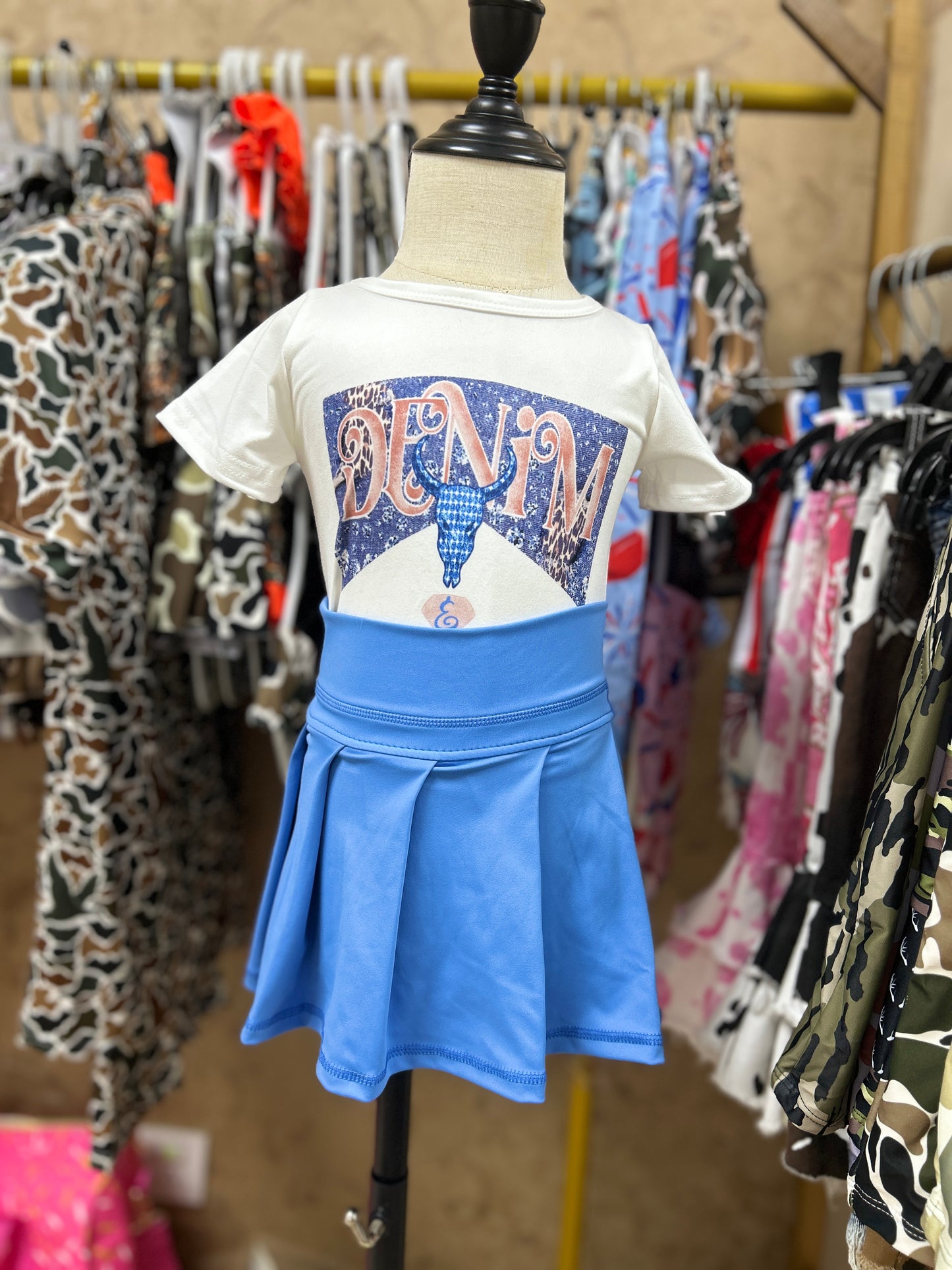 Girls western shirt matching dark blue yoga skirt summer outfit