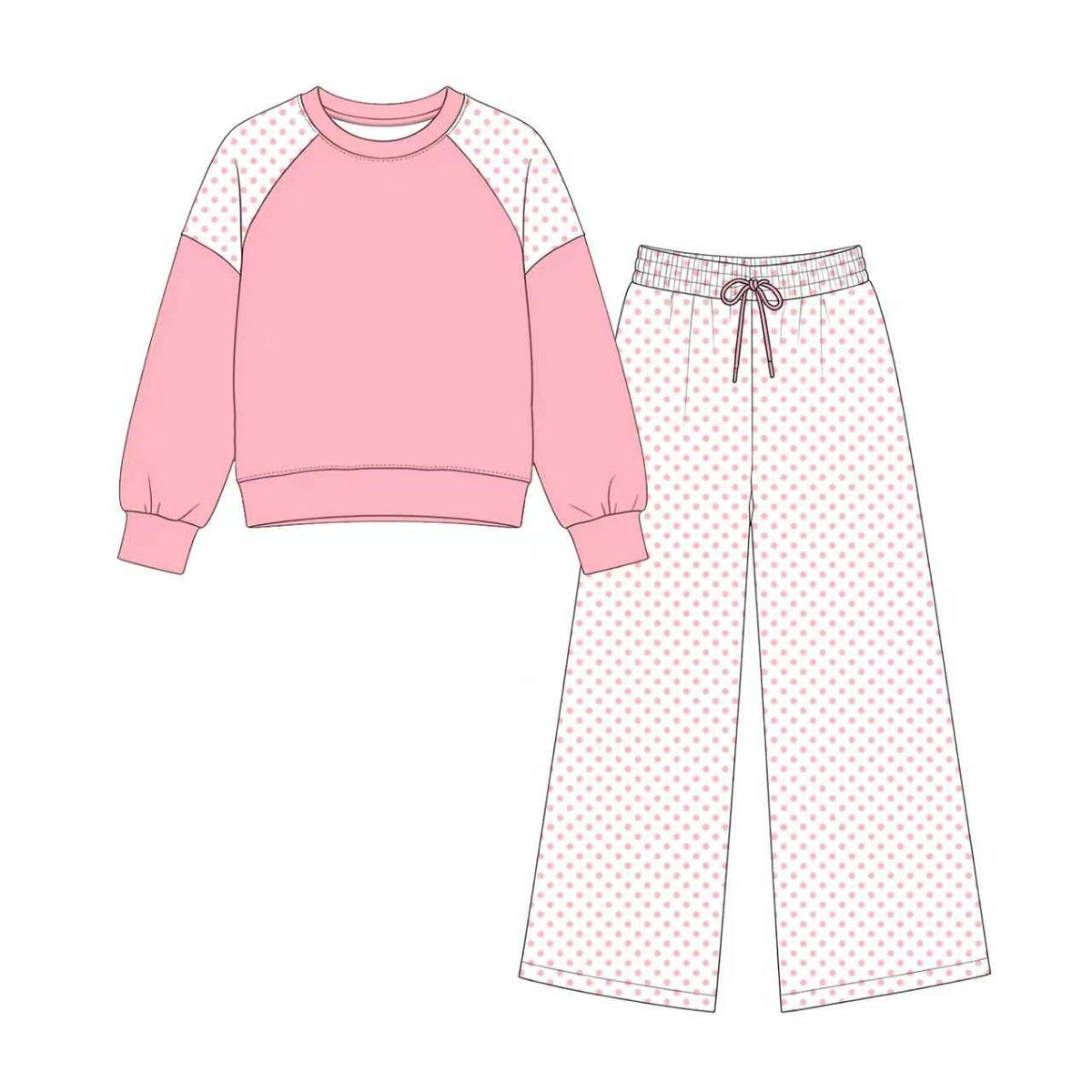 Pink color polka dots design long sleeve top pants set