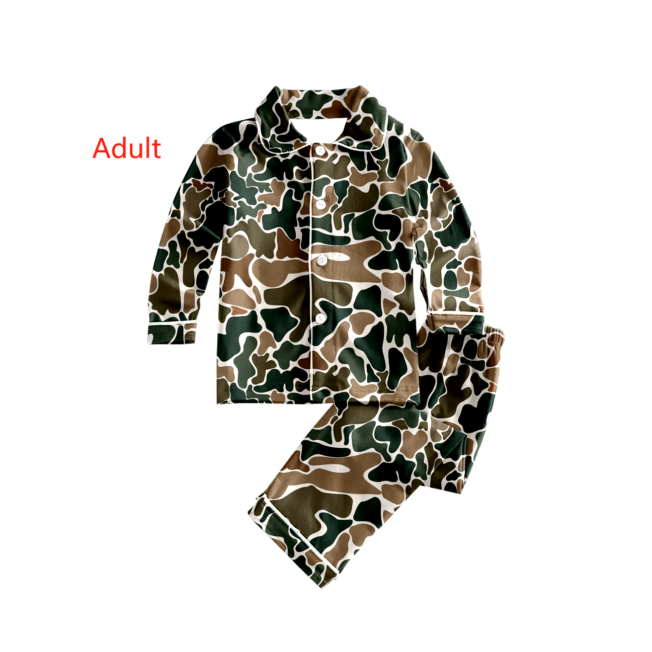 Adult man camo print button down pajama set