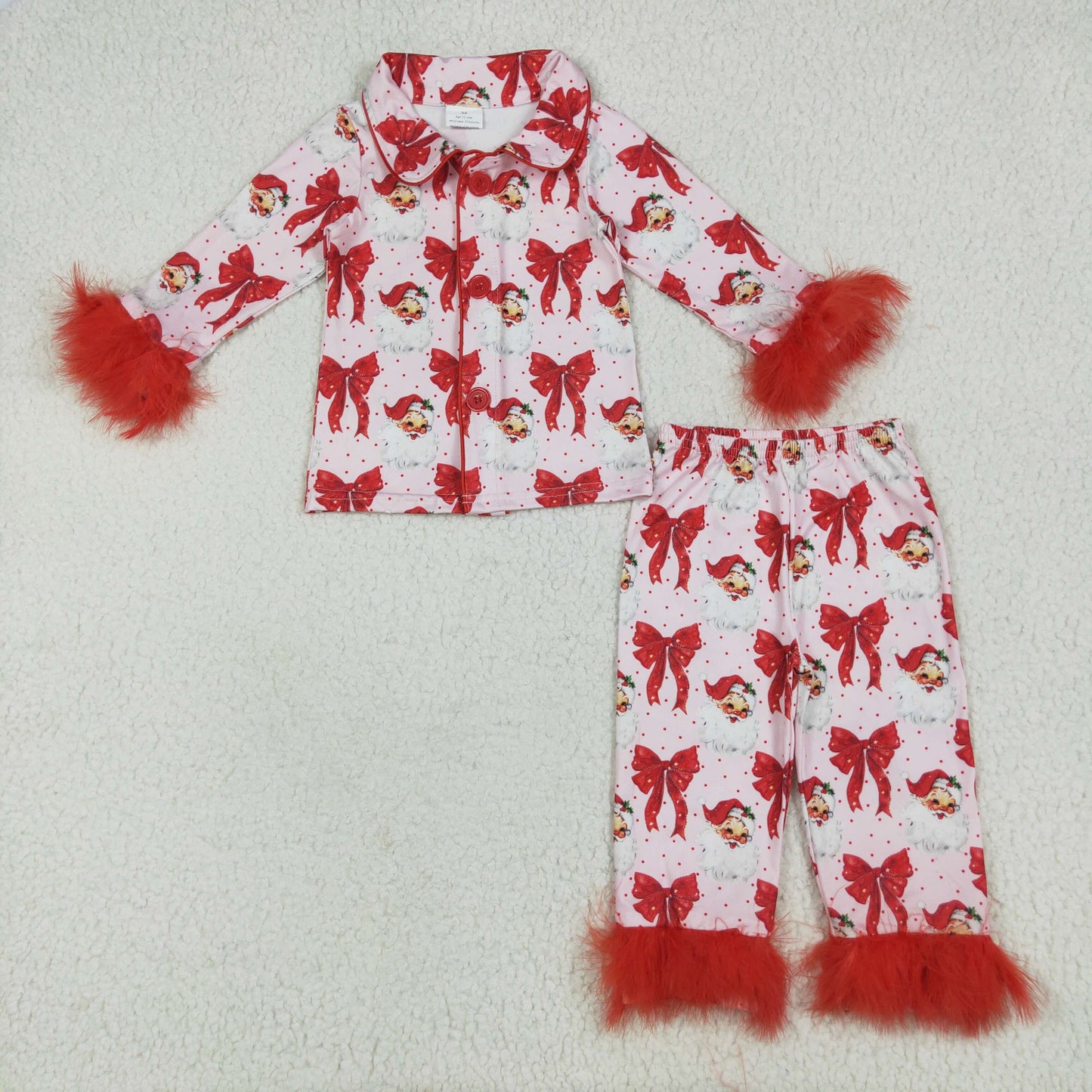 Christmas santa claus red bow long sleeve fur pajama set outfit