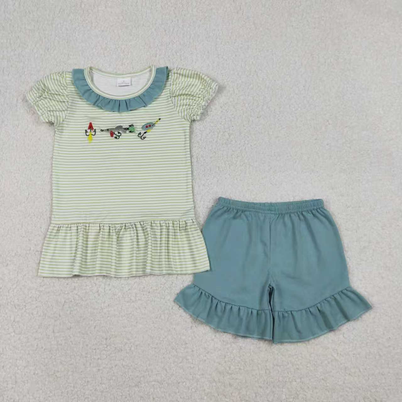 Embroidery Fishing shirt matching shorts boys outfit