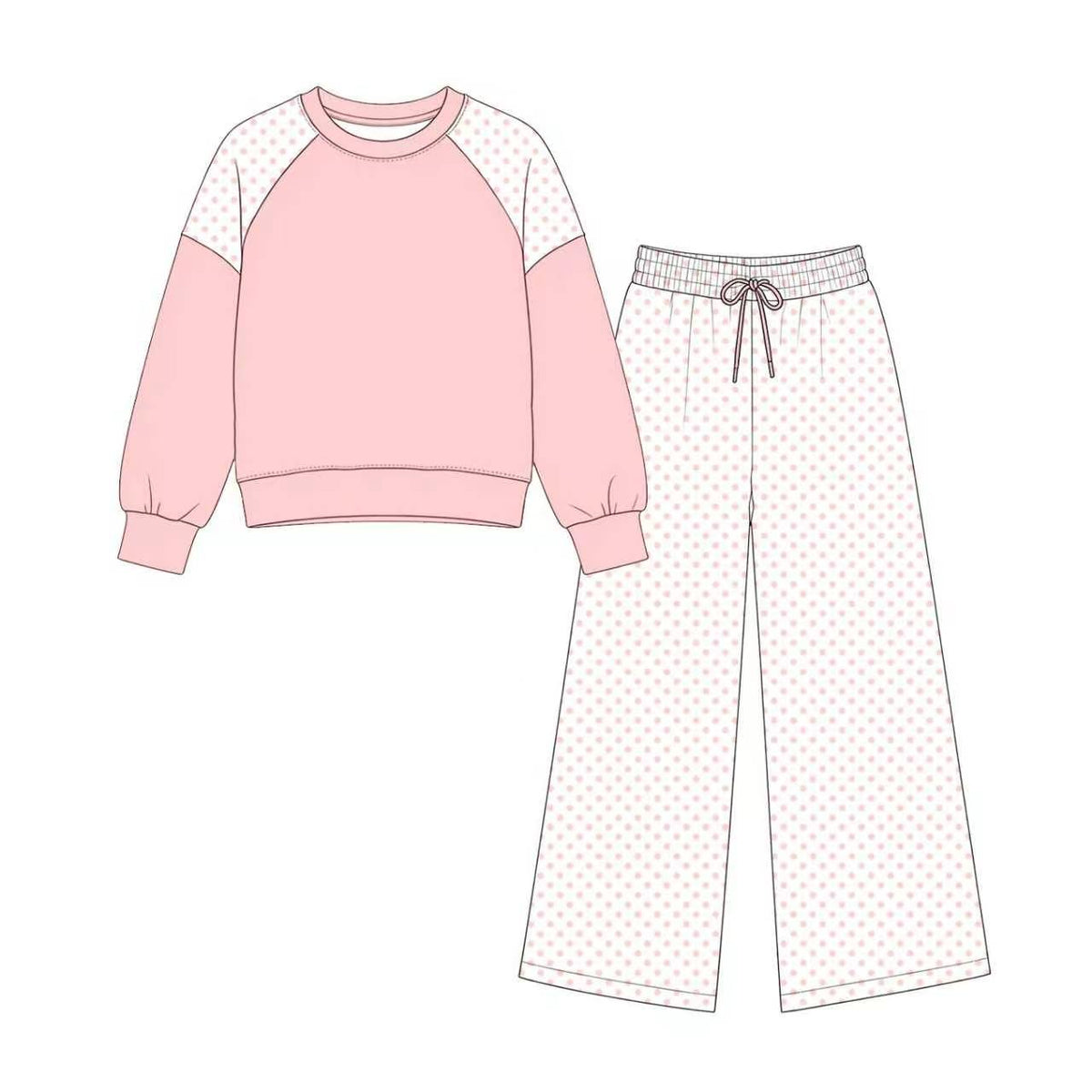 Light pink color polka dots design long sleeve top pants set