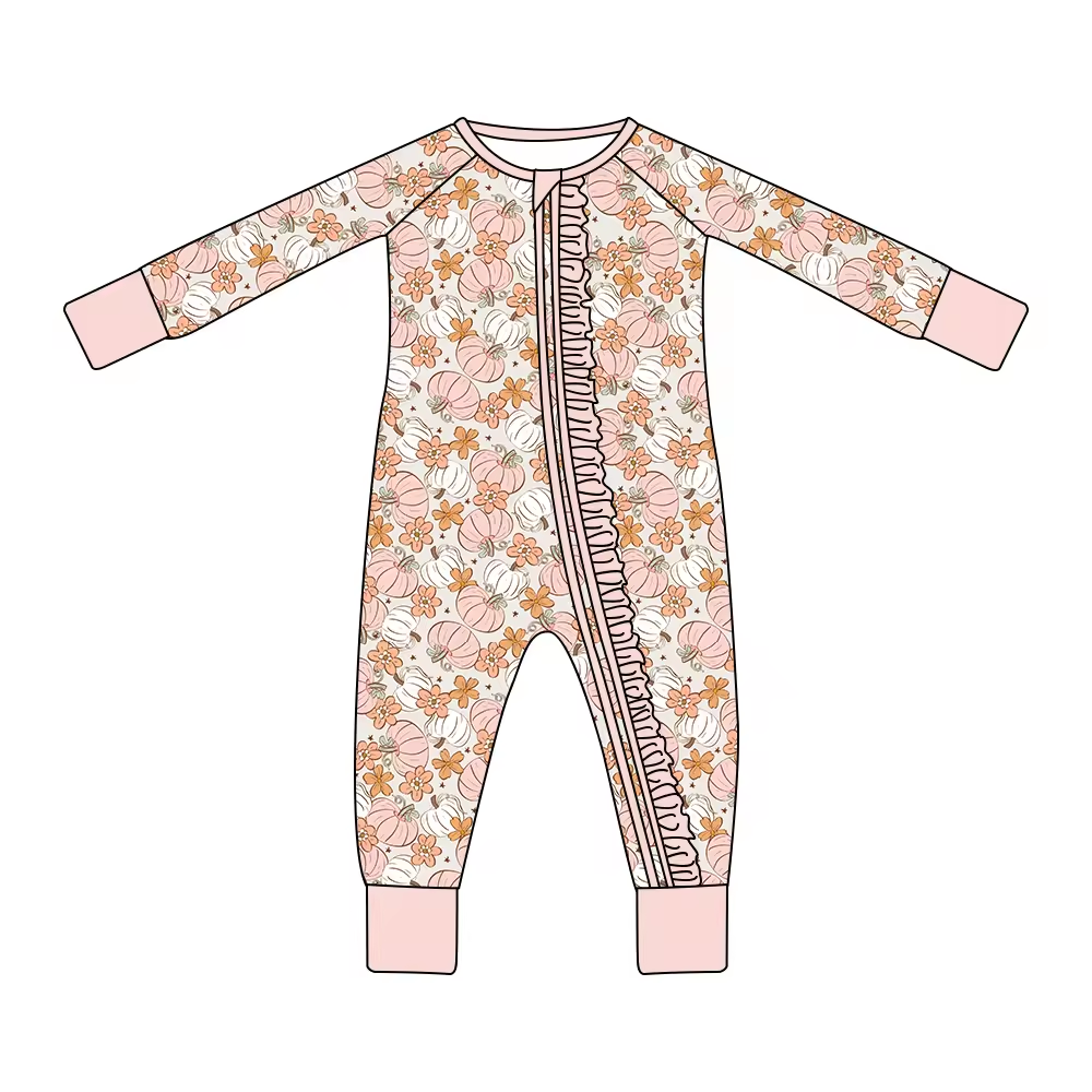 infant baby long sleeve floral pumpkin zip romper