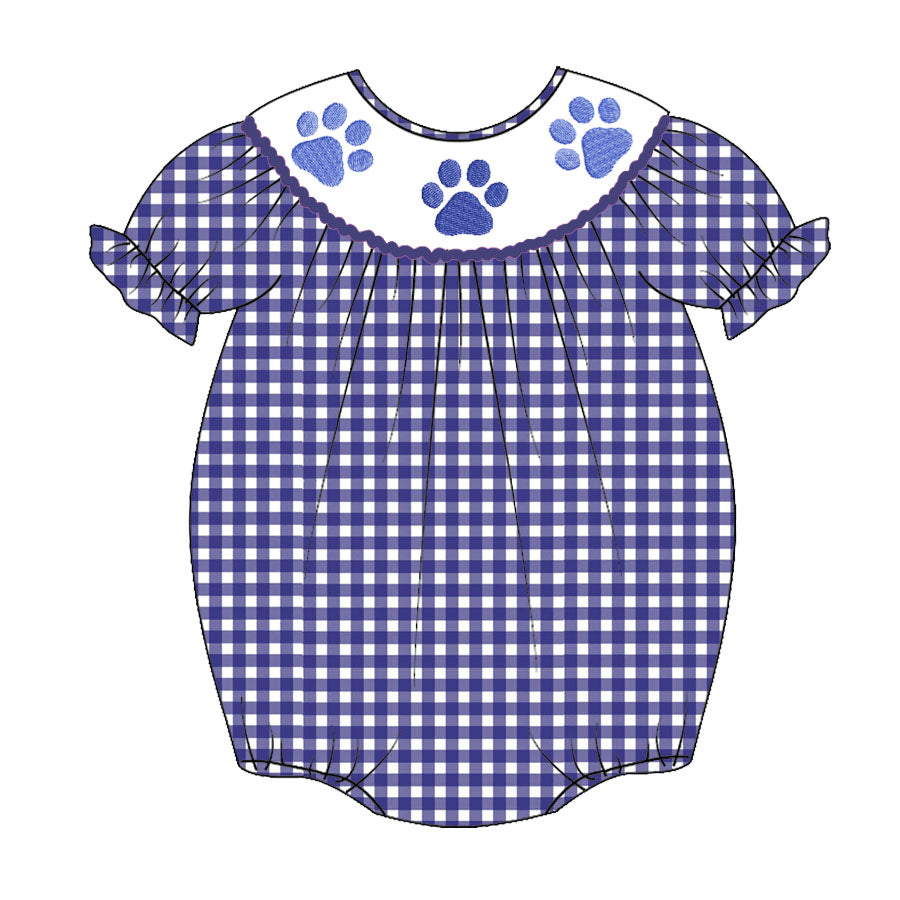 Newborn baby girls paw print blue gingham romper