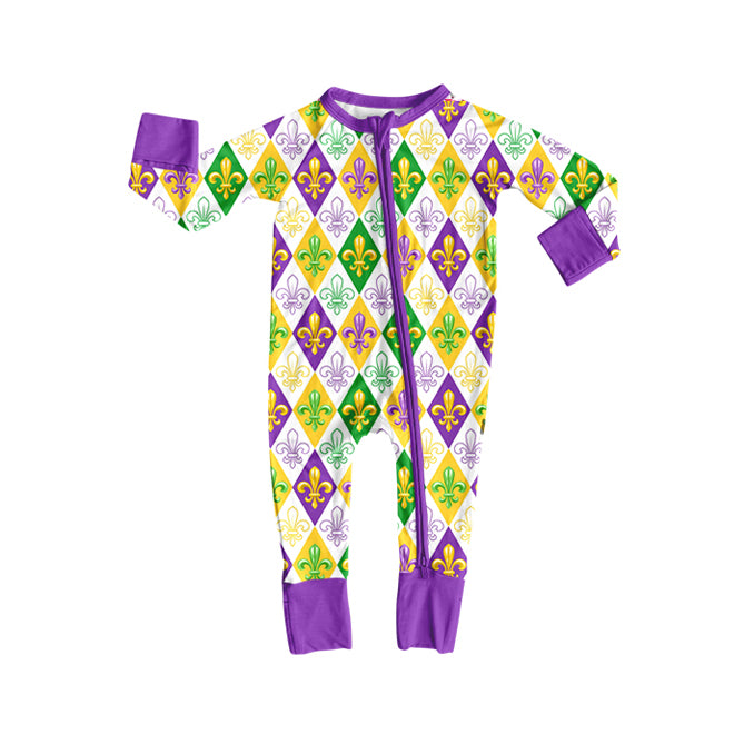 toddle baby Mardi Gras long sleeve zip romper