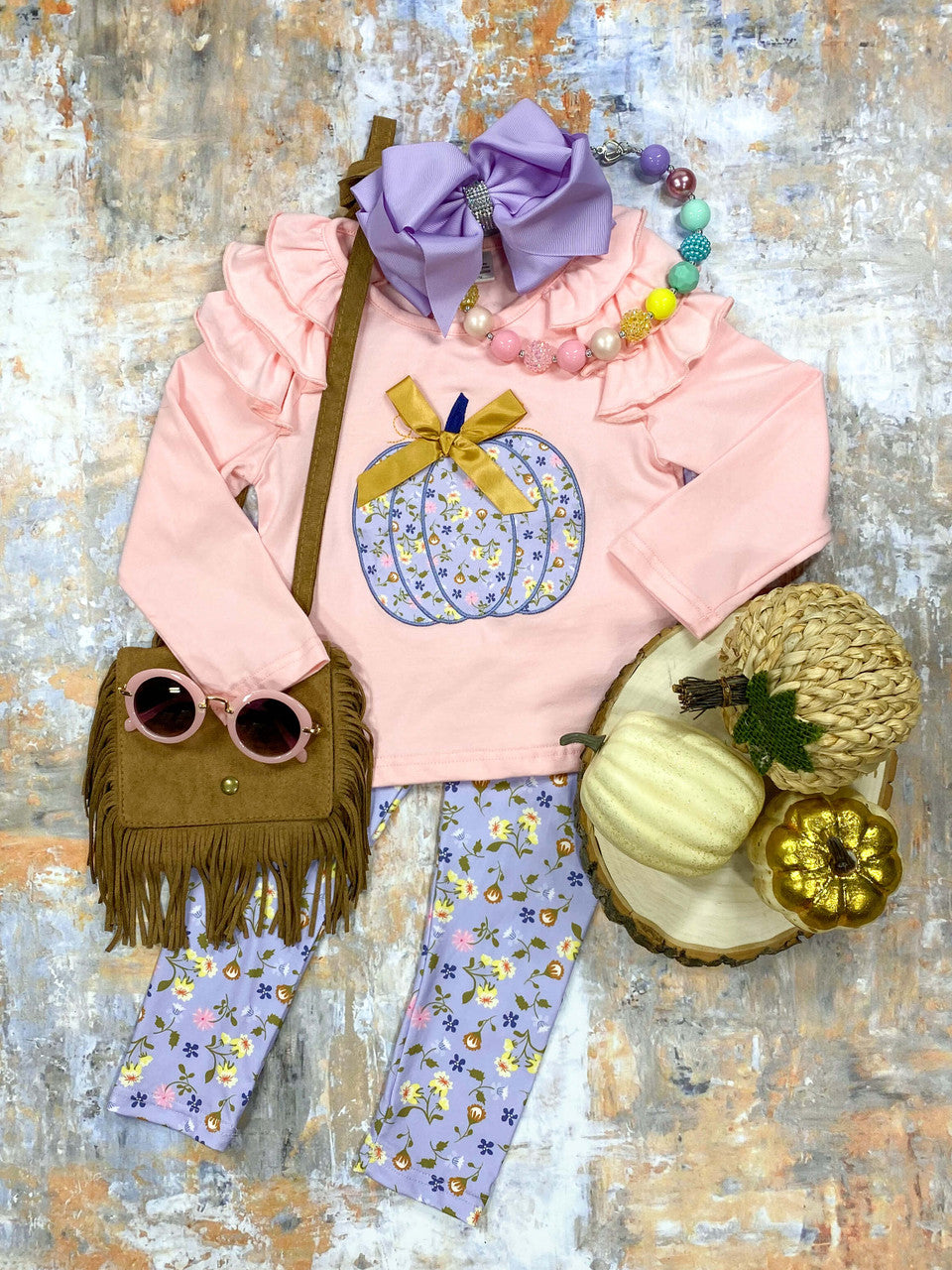 Wholesale kids girls blue floral pumpkin top matching leggings clothes