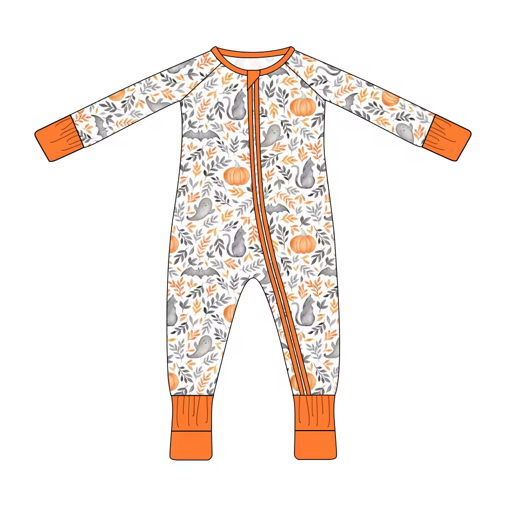 infant baby long sleeve pumpkin ghost halloween zip romper