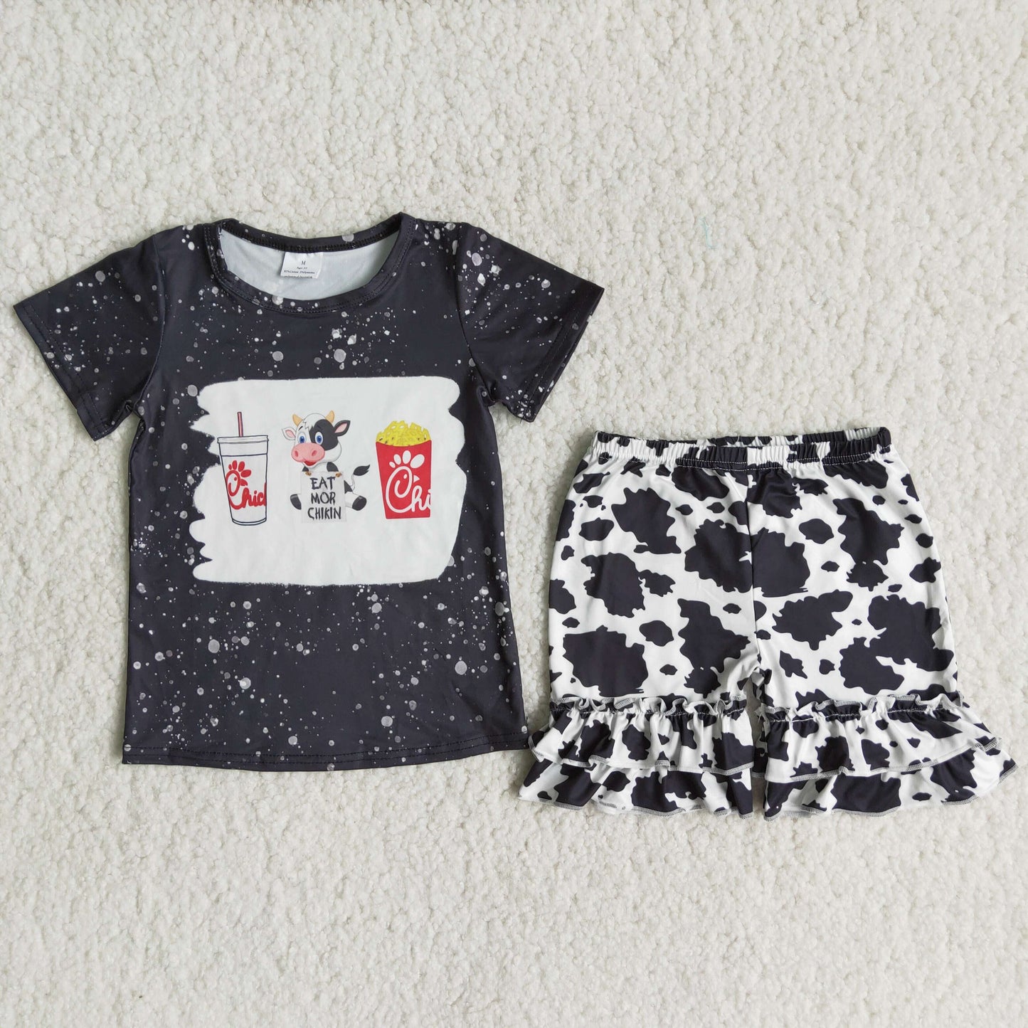 girls cow print short set