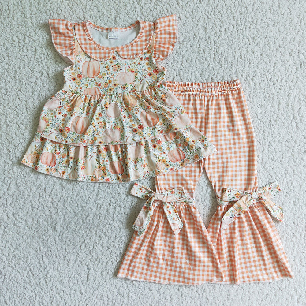girls short sleeve plaid print pumpkin clothing set