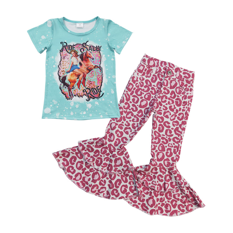 western cowgirl short sleeve top cheetah denim pants set