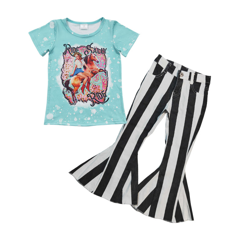 western cowgirl short sleeve top black stripes denim pants set