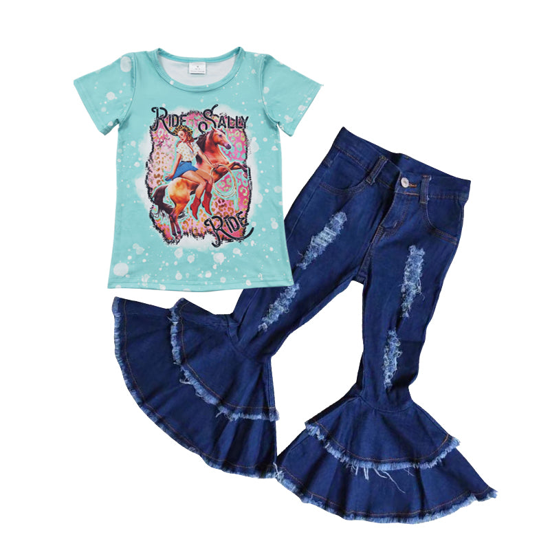 wholesale western cowgirl short sleeve top denim pants set