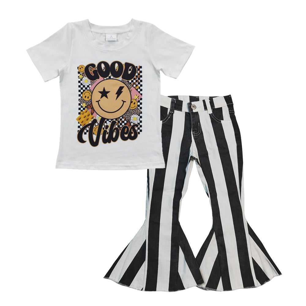 girls short sleeve top black stripes denim bell bottoms pants outfit
