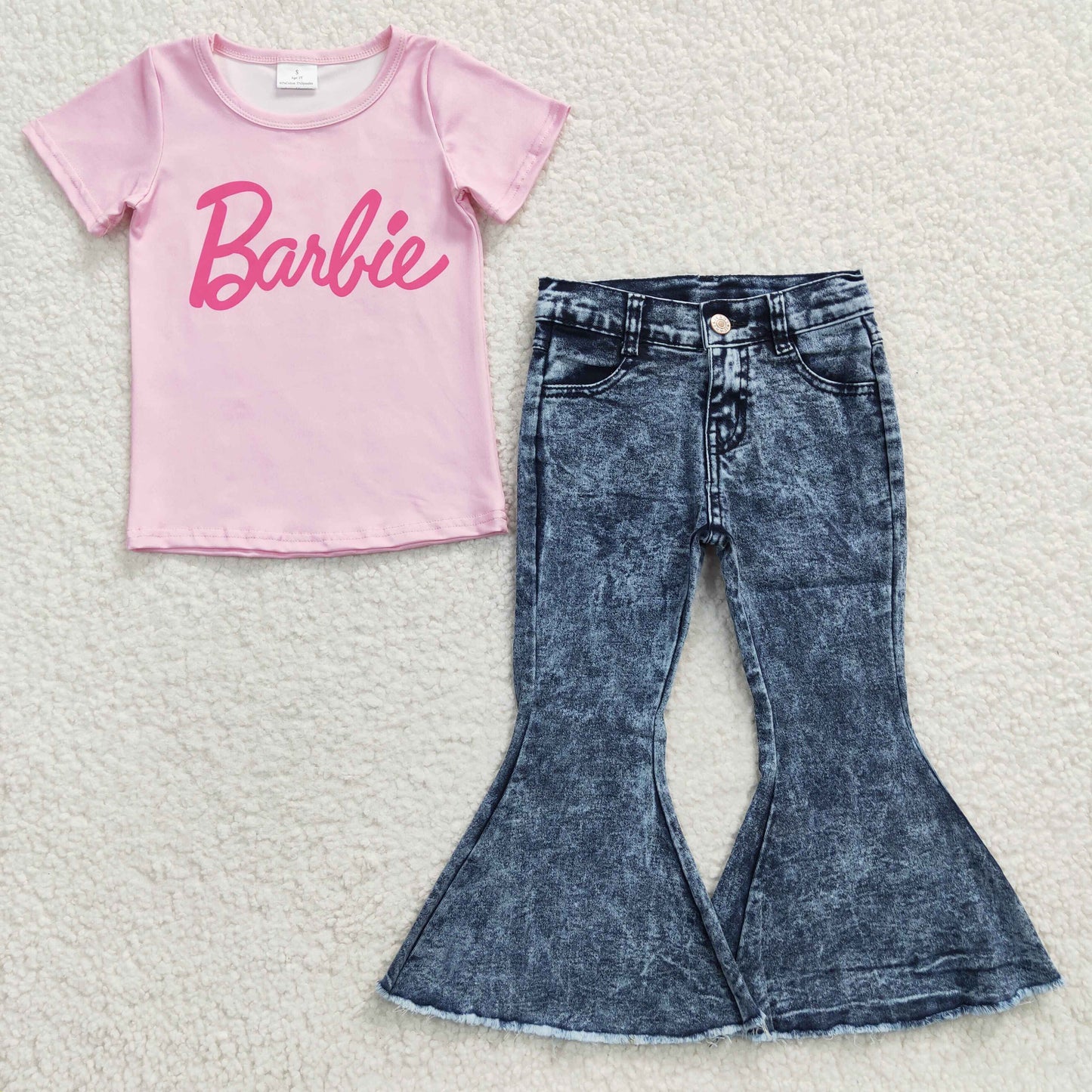 short sleeve letter print doll top blue denim pants 2pcs outfit