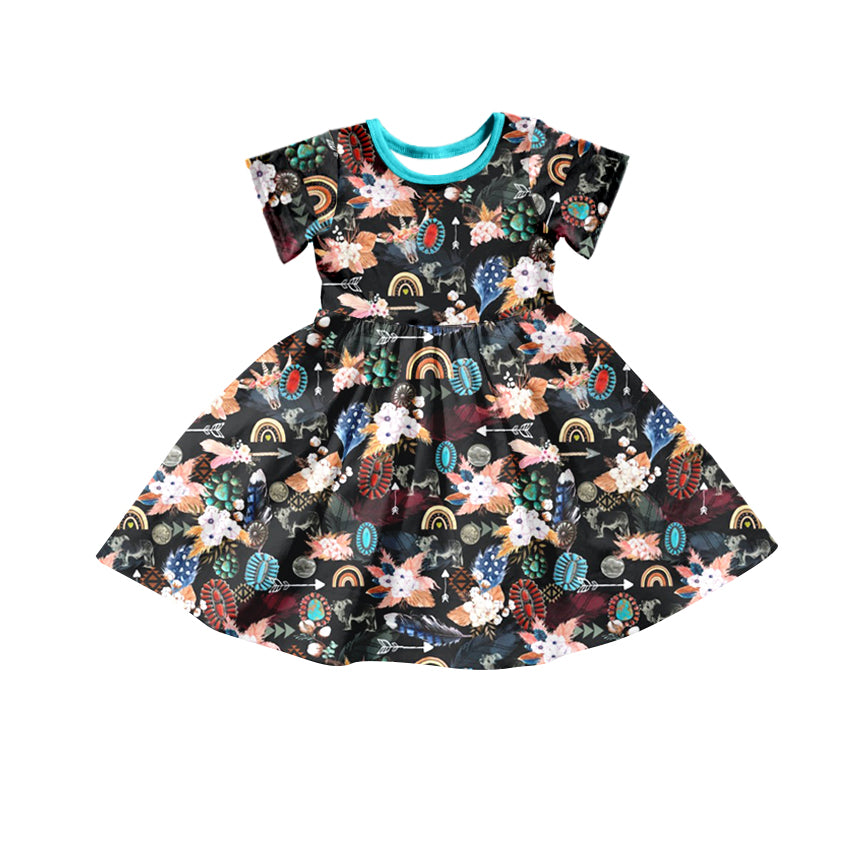Pre-order girls short sleeve turquoise print dress, GSD0192, Nov 15th