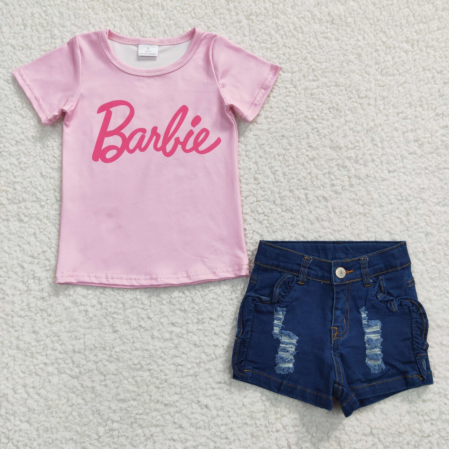 girls short sleeve girls doll top distressed denim shorts 2pcs set