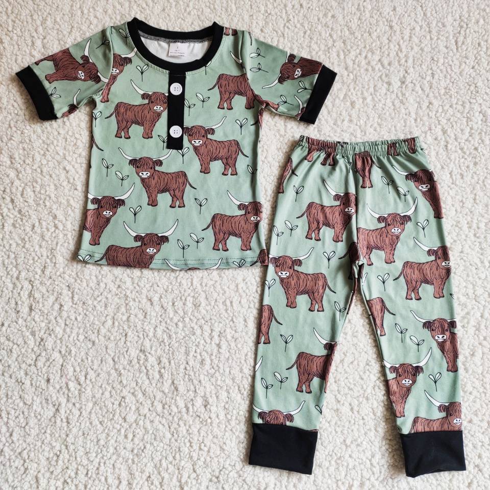 Boy short sleeve Highland cows pajama set – aierwhoesalekidsclothes