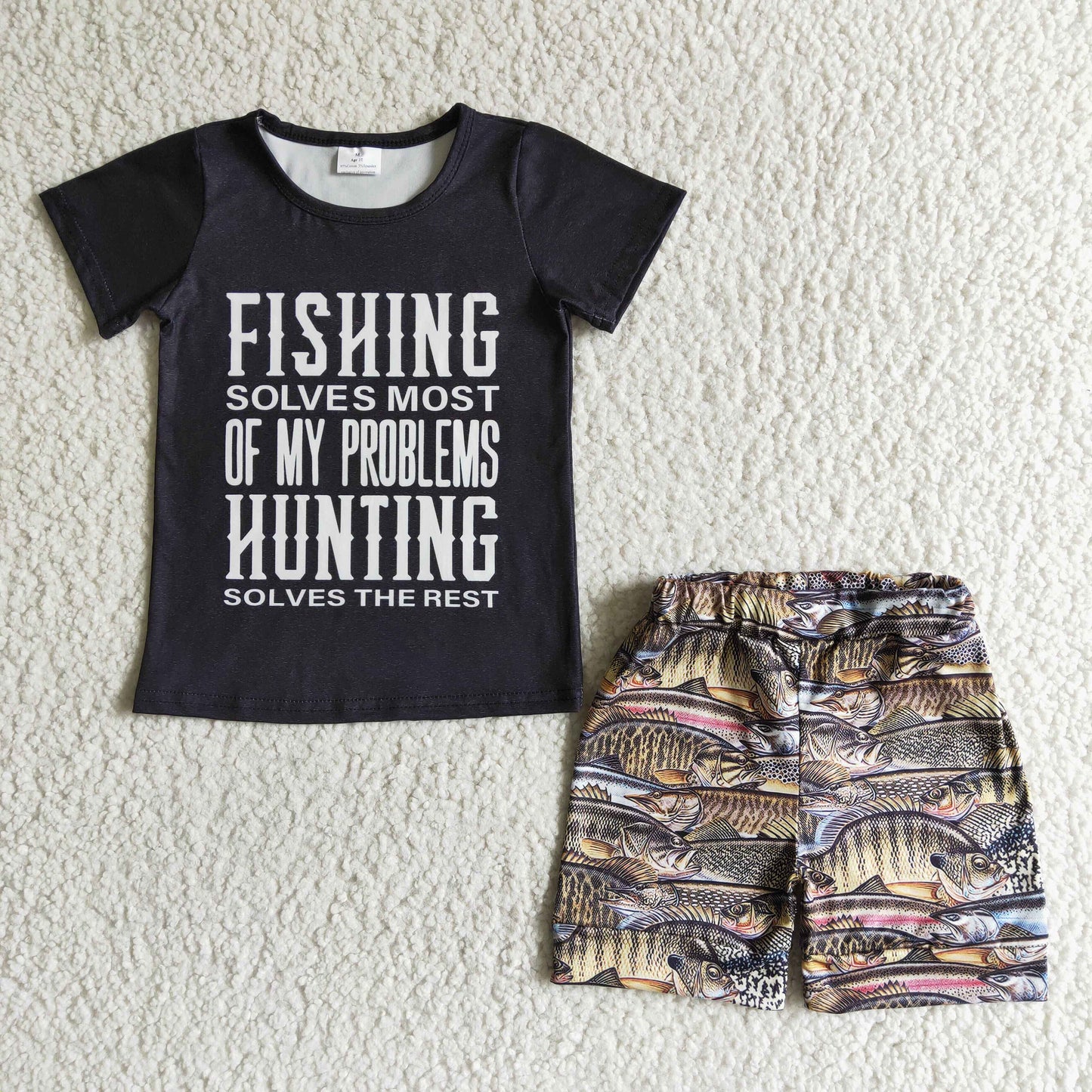 boys fishing letter print short outfit