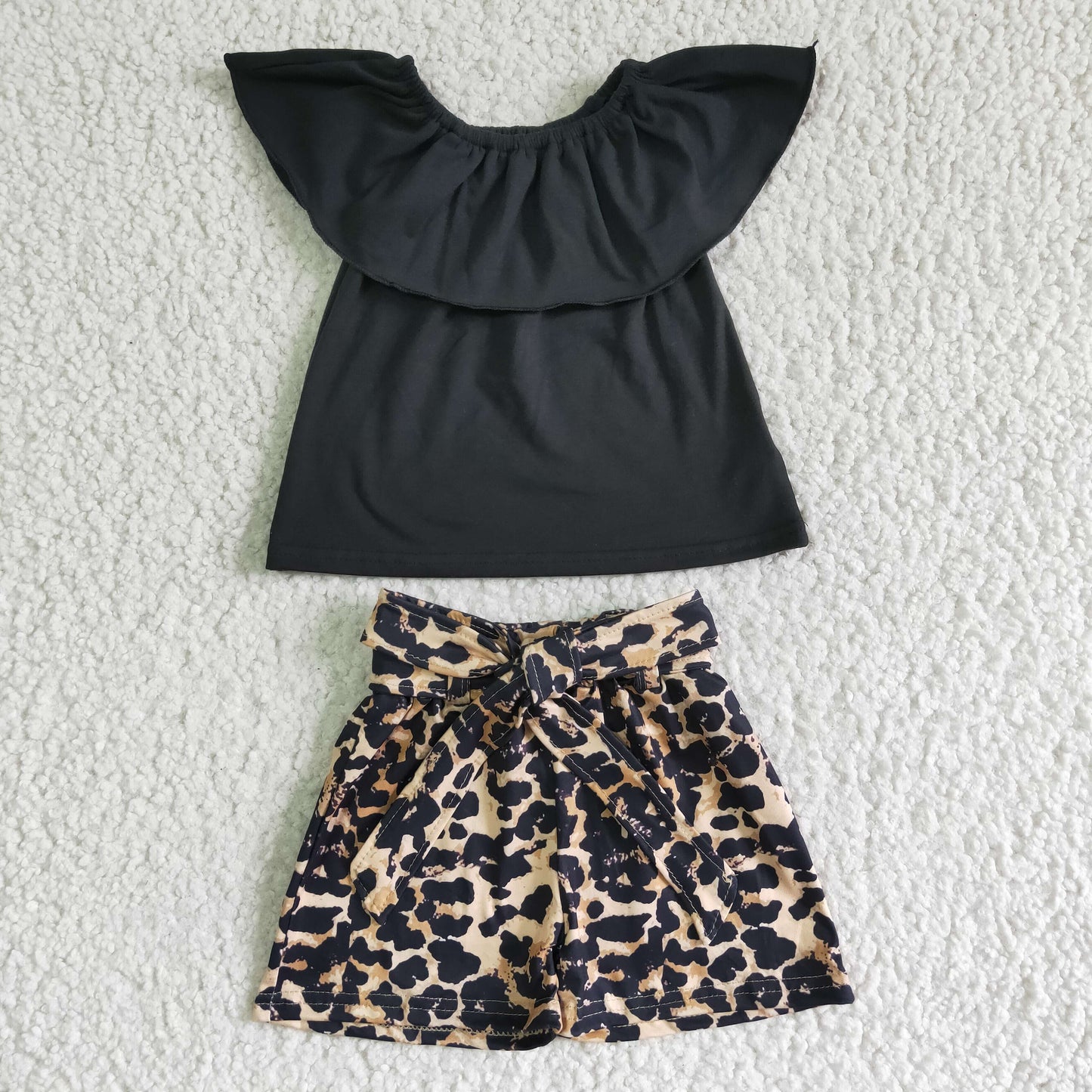 Girls black top leopard shorts 2pcs summer clothing,GSSO0082