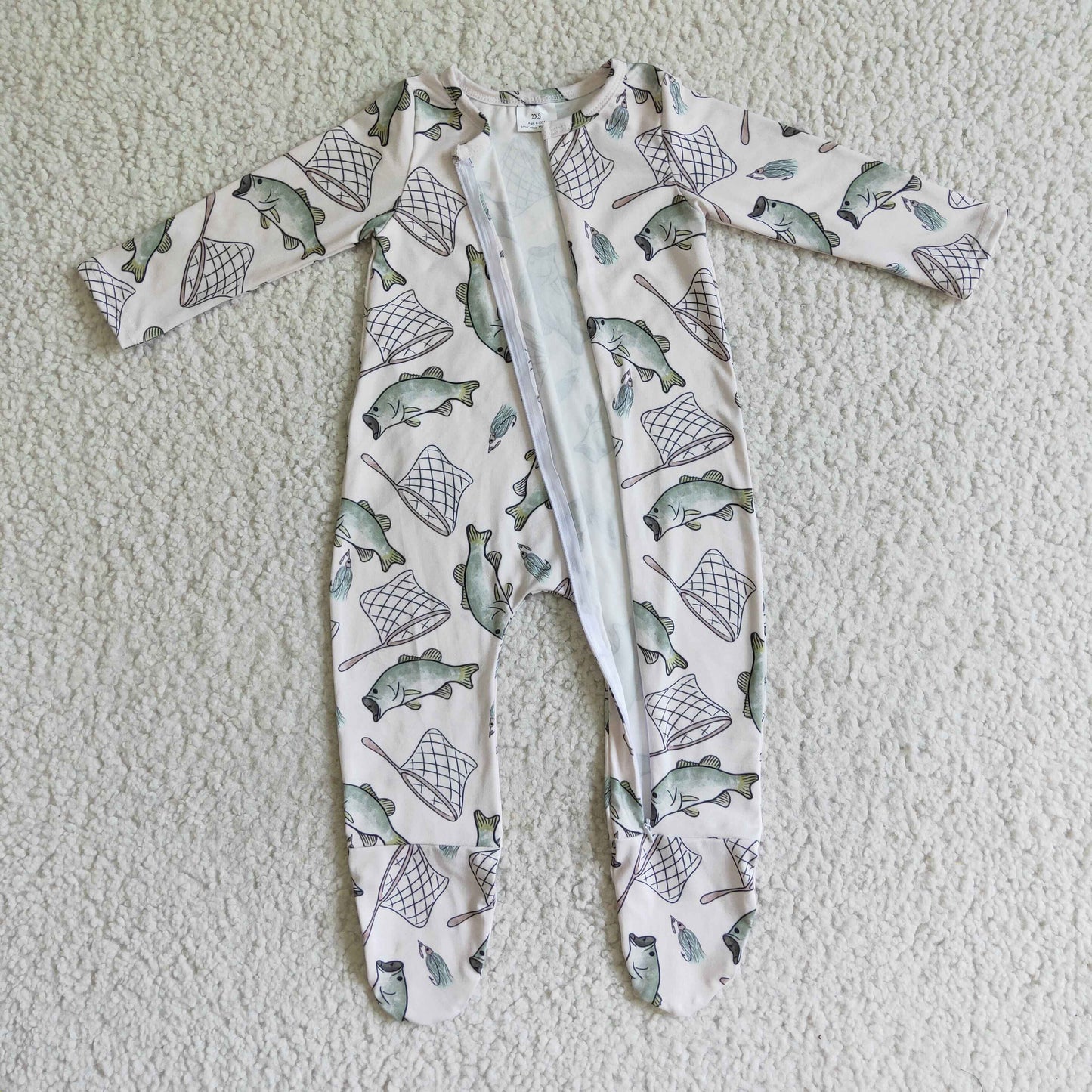 boy fishing print footie romper