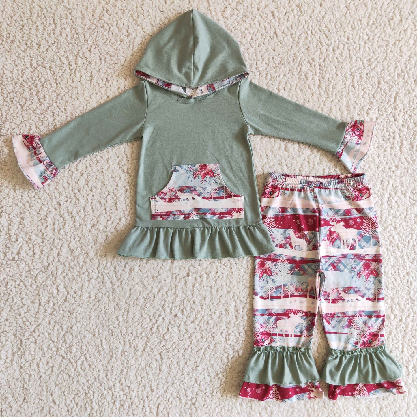 girl long sleeve reindeer hoodie set