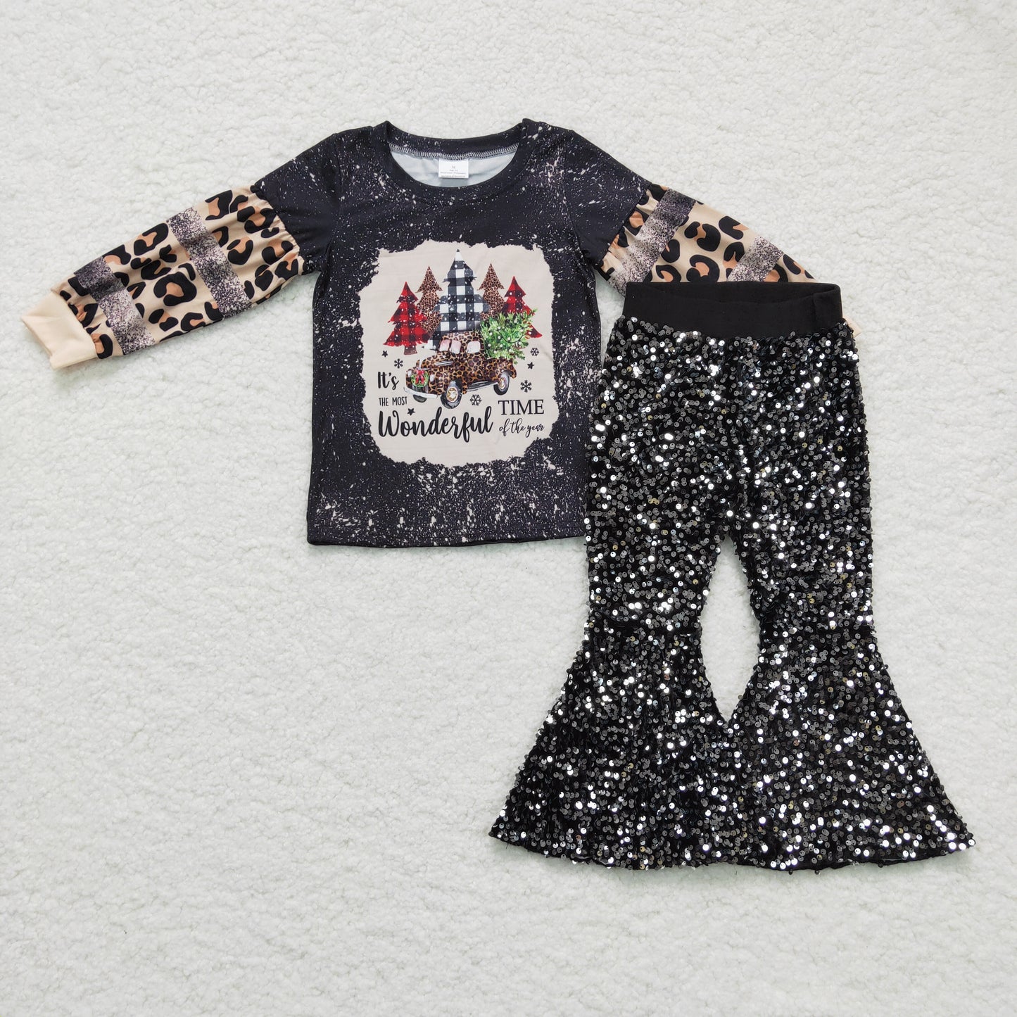 girls Merry Christmas top black sequins pants outfit