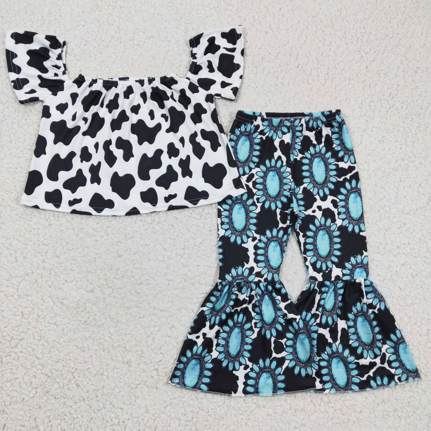 girls cow print top turquoise pants summer bell pants outfit, GSPO0351