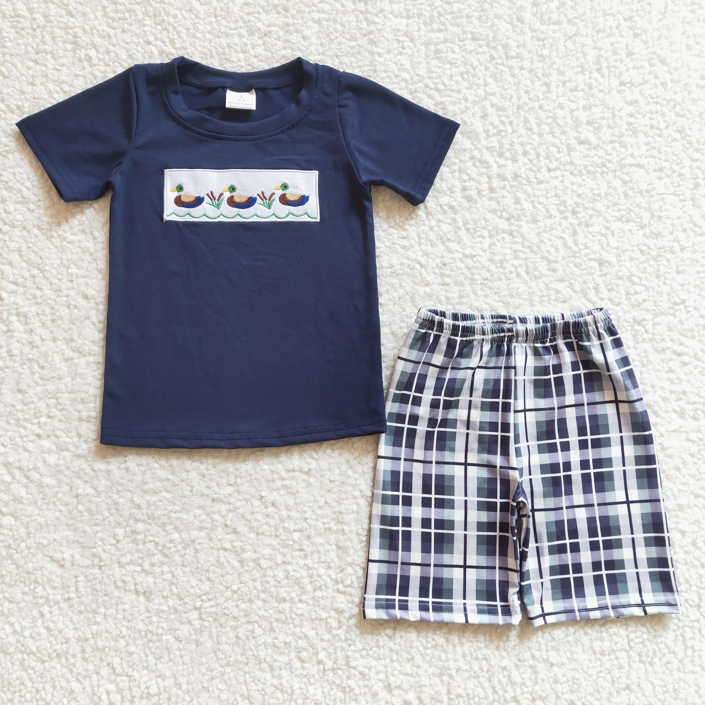 boy embrodiery mallard summer short outfit, BSSO0128