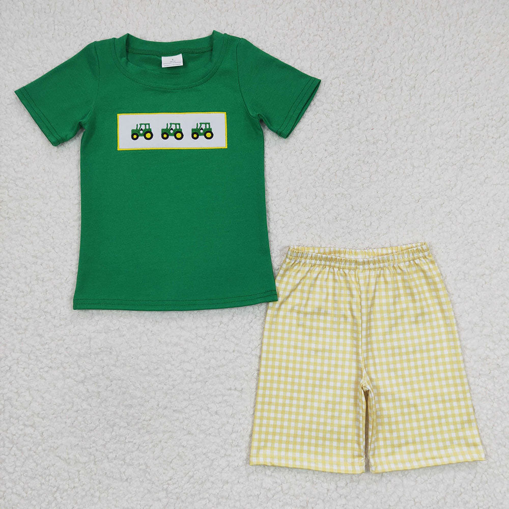 boy embroidery tractor summer short set, BSSO0126