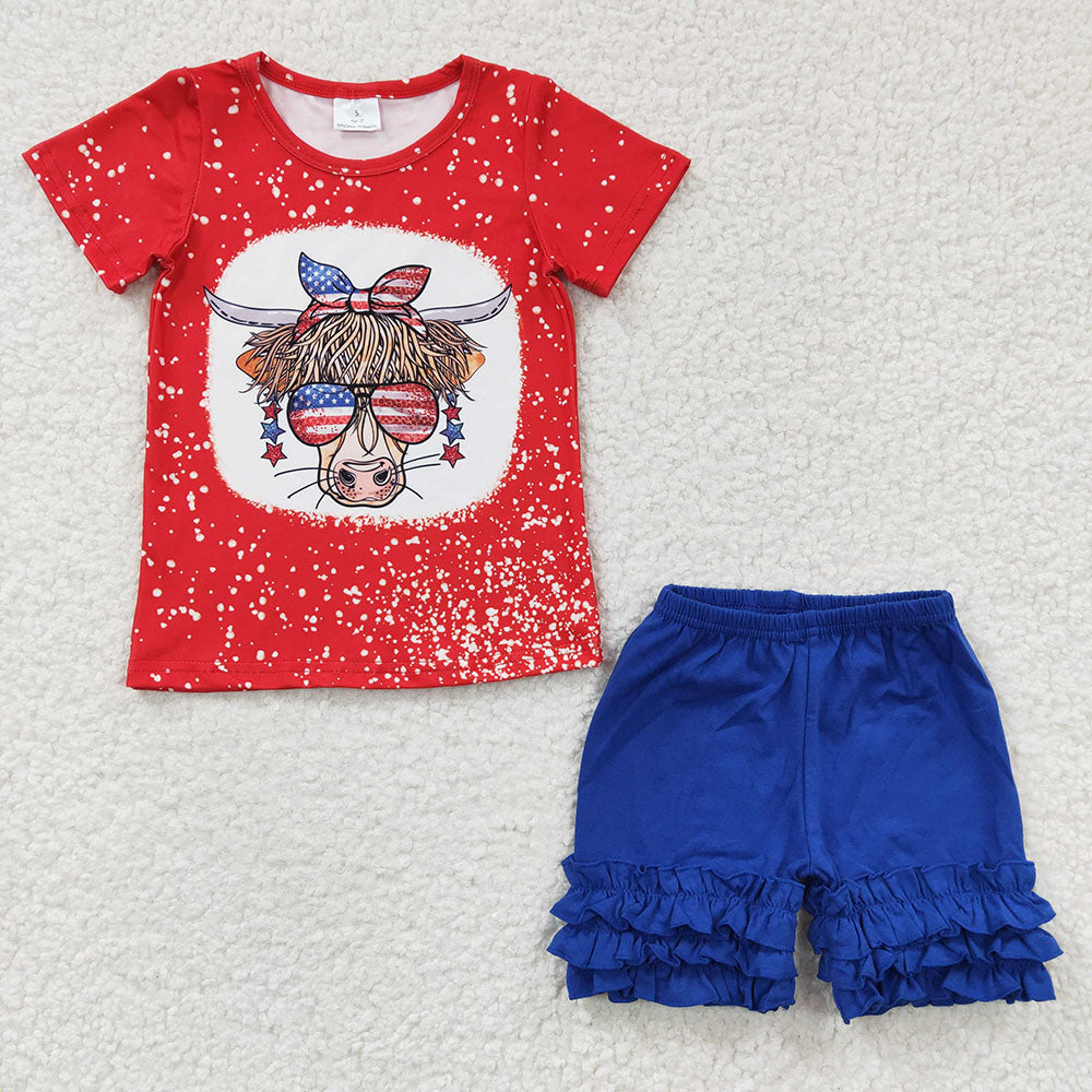 Highland cow bleach top blue shorts 2pcs July 4th outfit