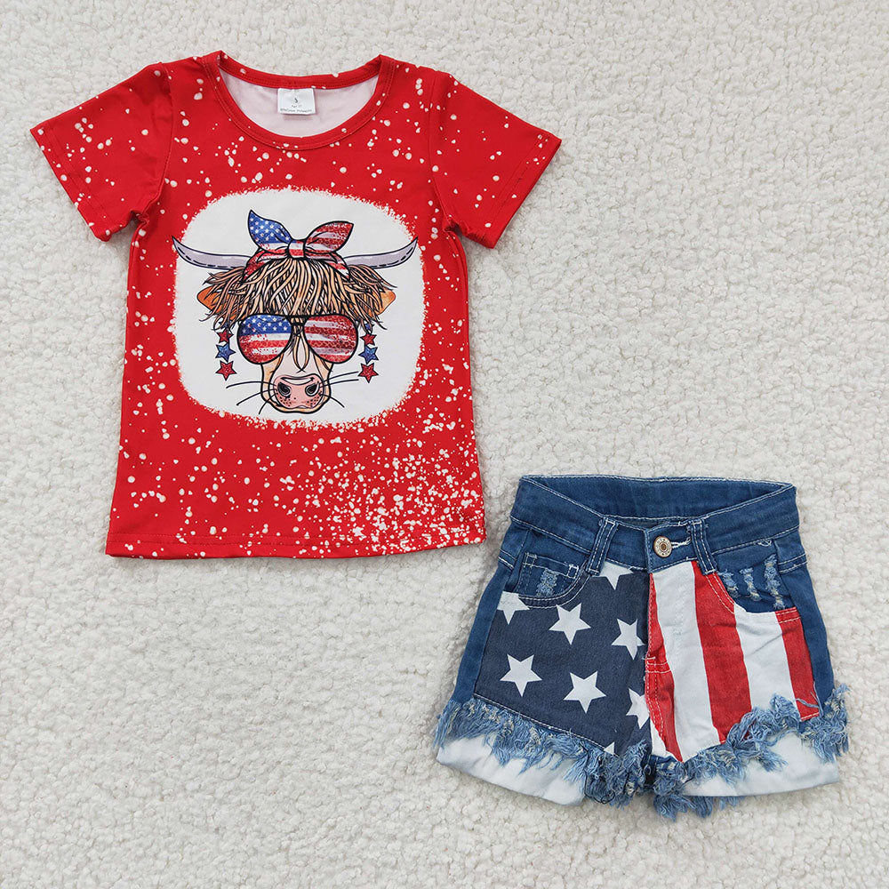 Highland cow bleach top blue denim shorts 2pcs July 4th outfit