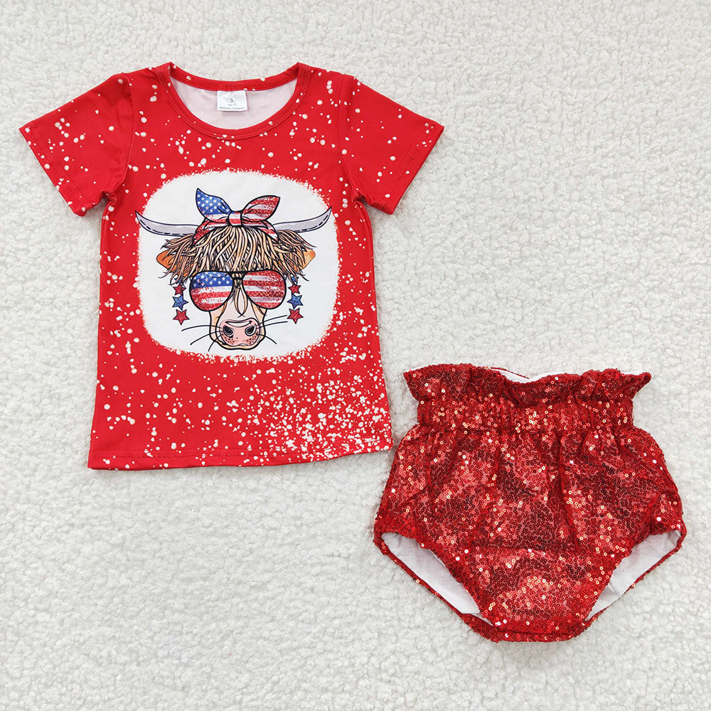 highland cow July 4th top red bummies set