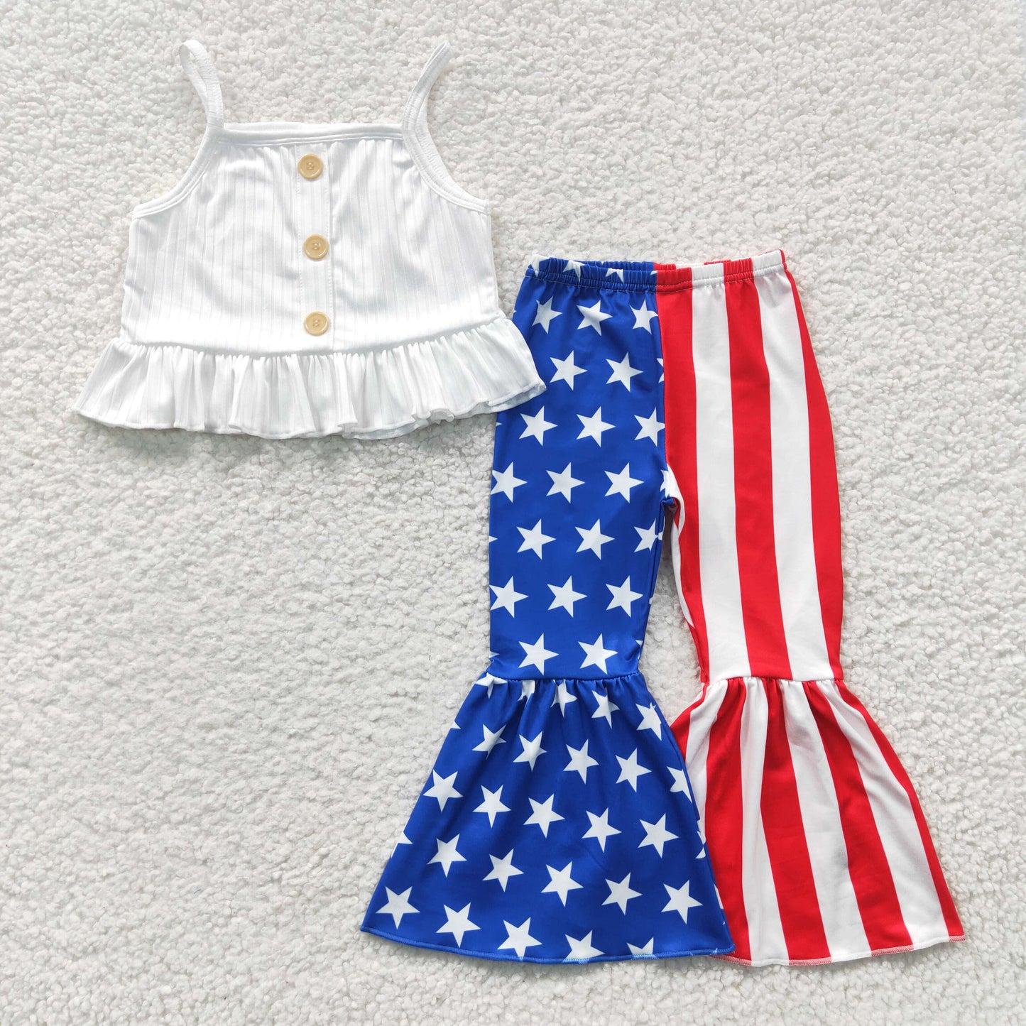 girls white top July 4th star print bell pants outfit GSPO0480