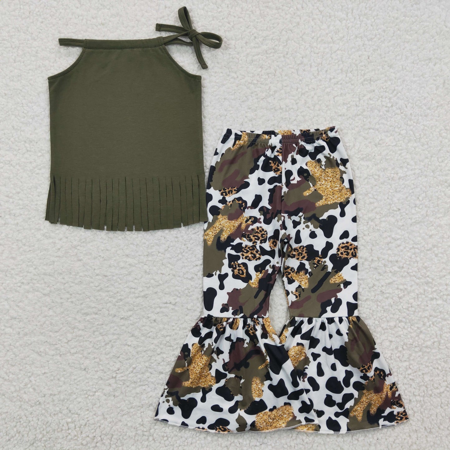 girls green tassel top leopard bell pants set, GSPO0300