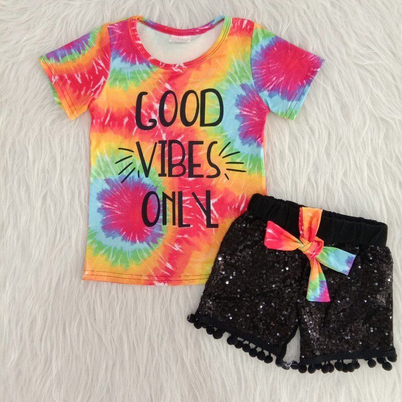 toddle girls wholesale sequins shorts tie dye top 2pcs outfit