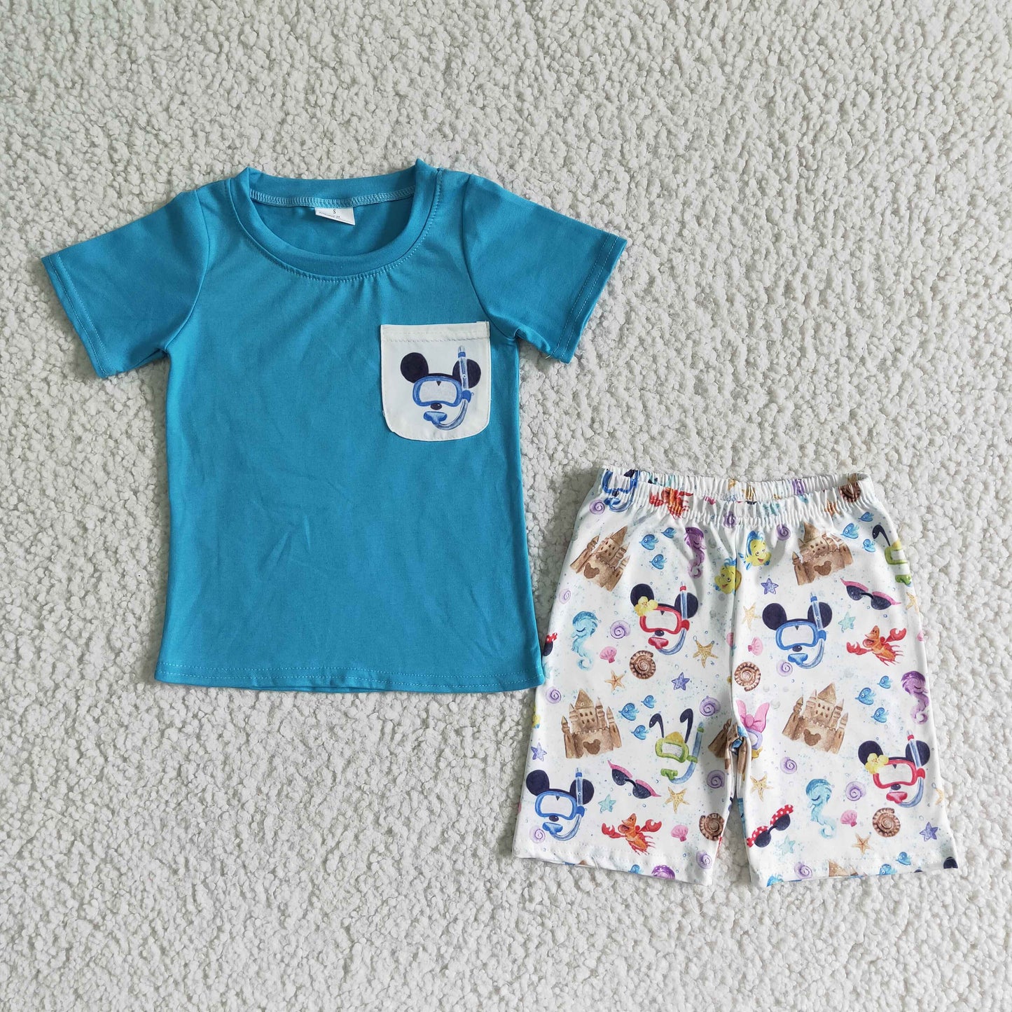 Boys blue pocket top cartoon shorts summer short set