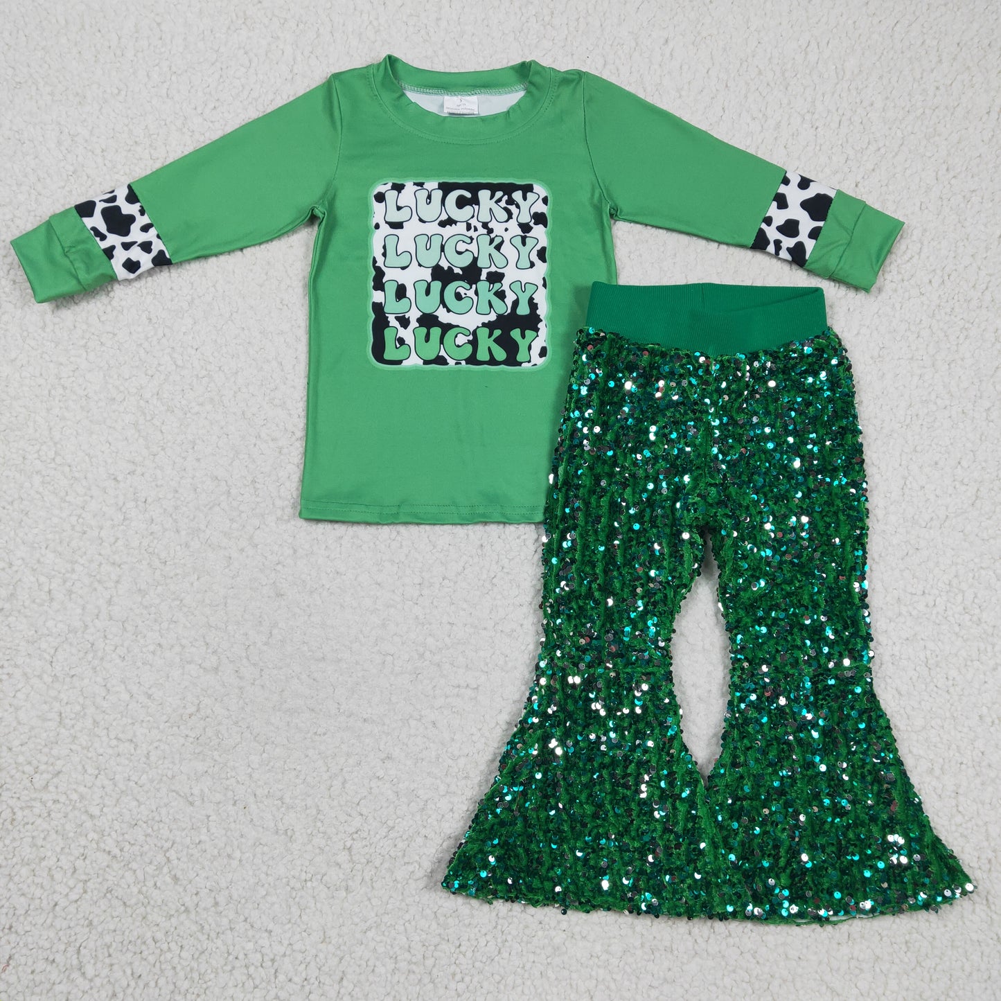 long sleeve lucky top green sequins pants set,GLP0421