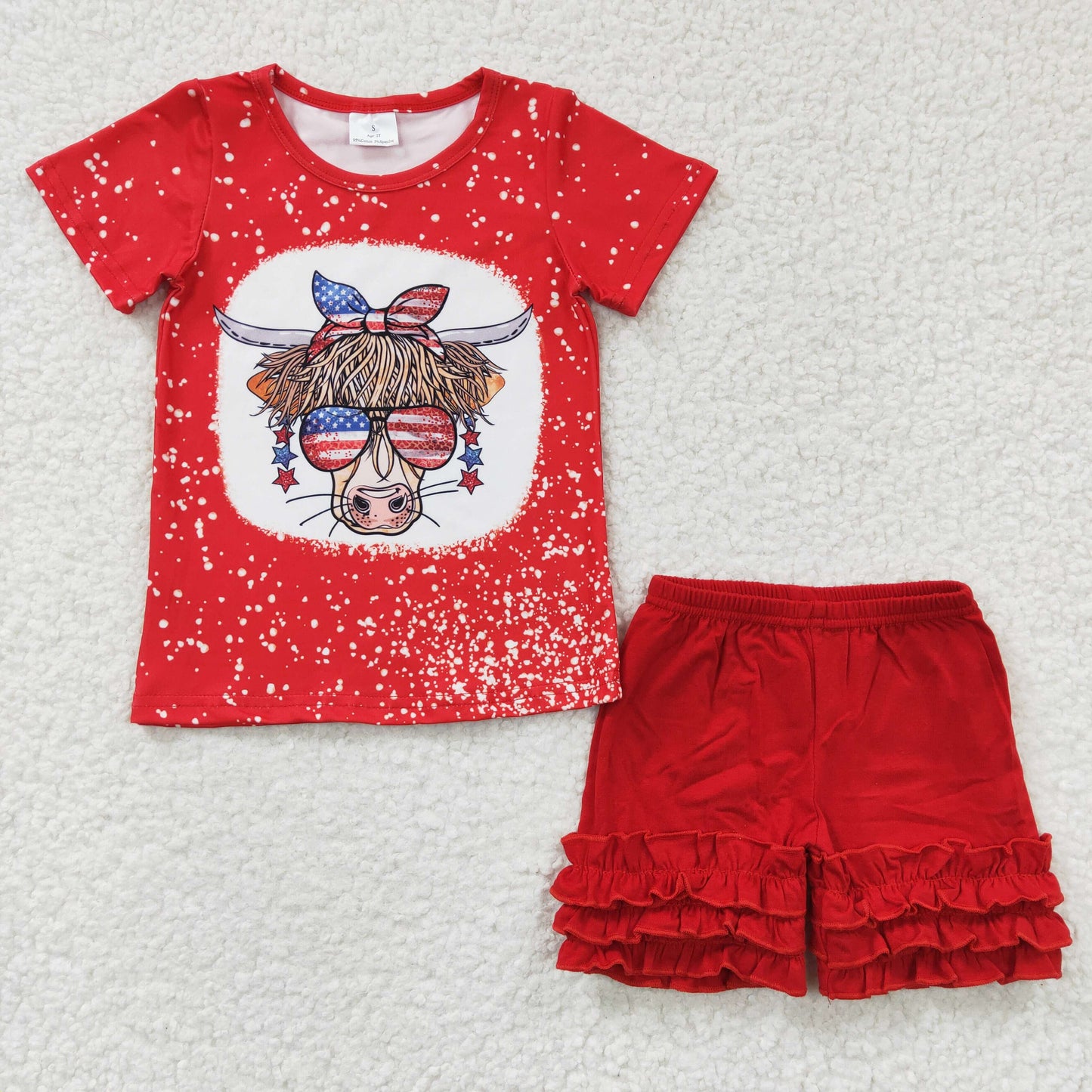 Highland cow top red shorts 2pcs July 4th outfits