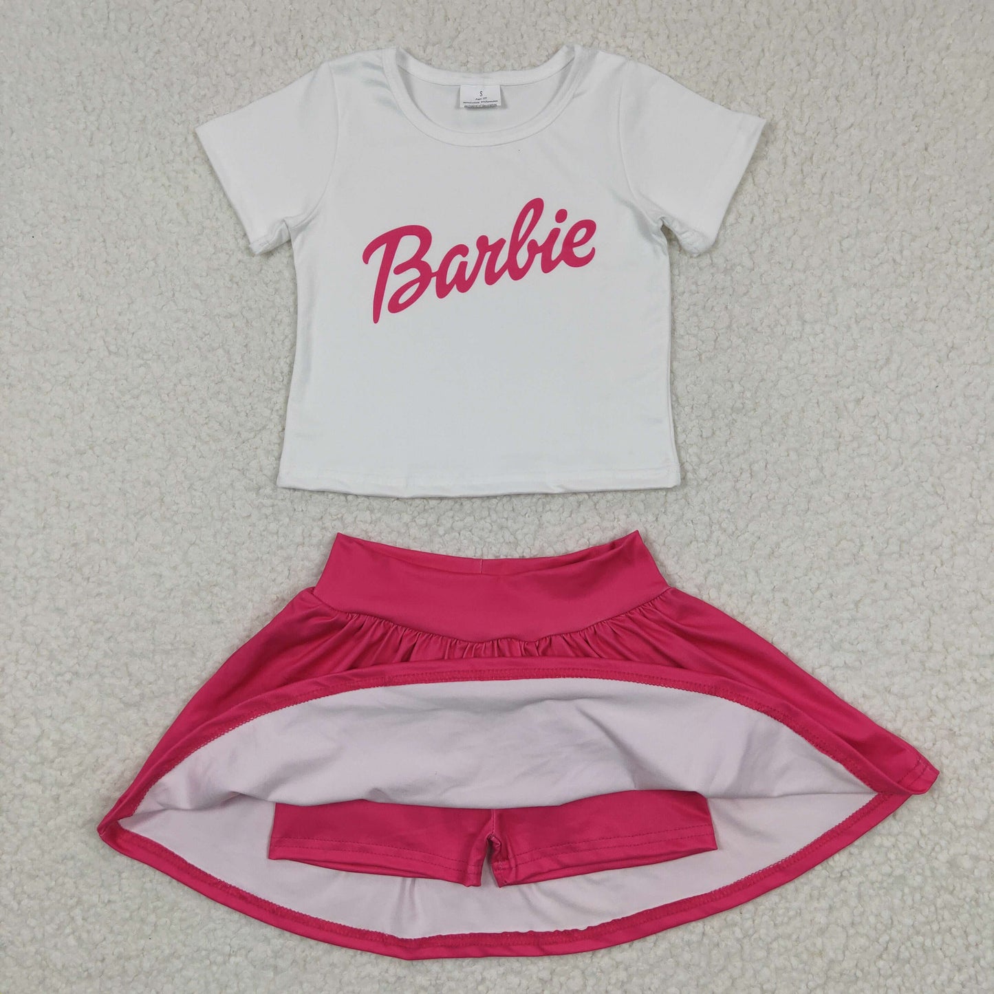 Letter print doll crop top hot pink skirt outfit, GSD0280