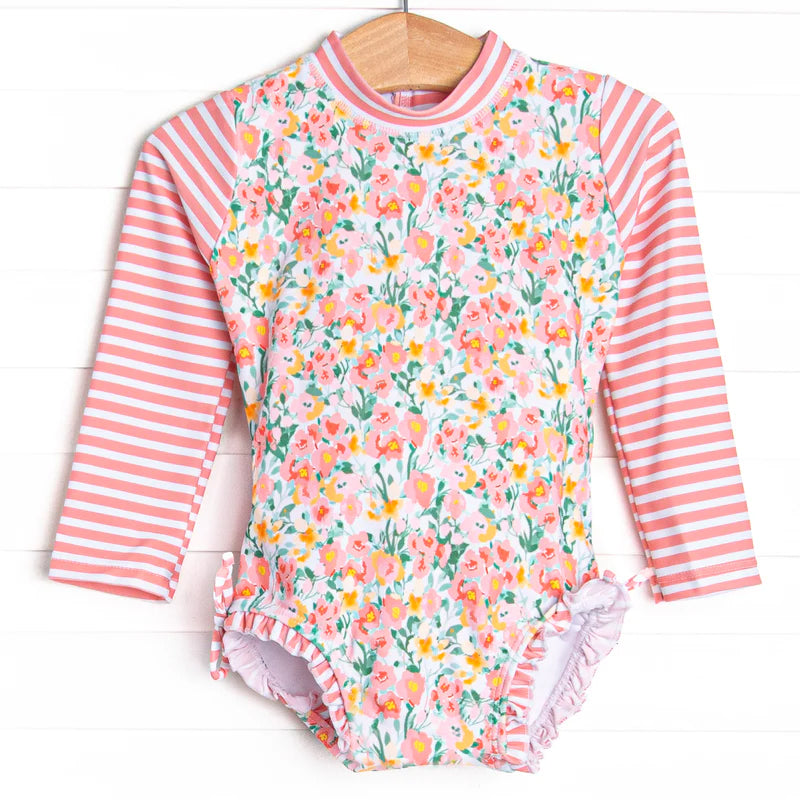 baby girls one piece pink floral bathing suit