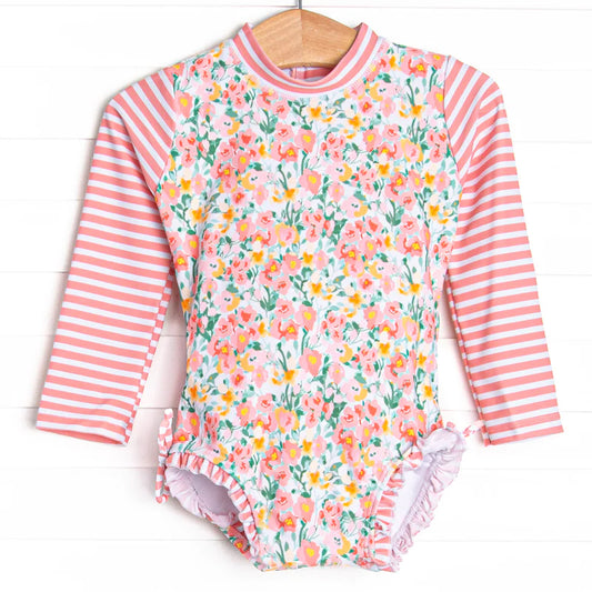 baby girls one piece pink floral bathing suit