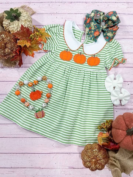 Fall pumpkin green stripes short sleeve dress