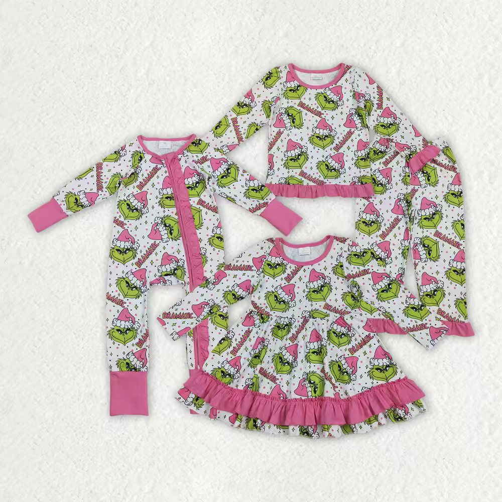 Christmas green face kids long sleeve matching pajama set