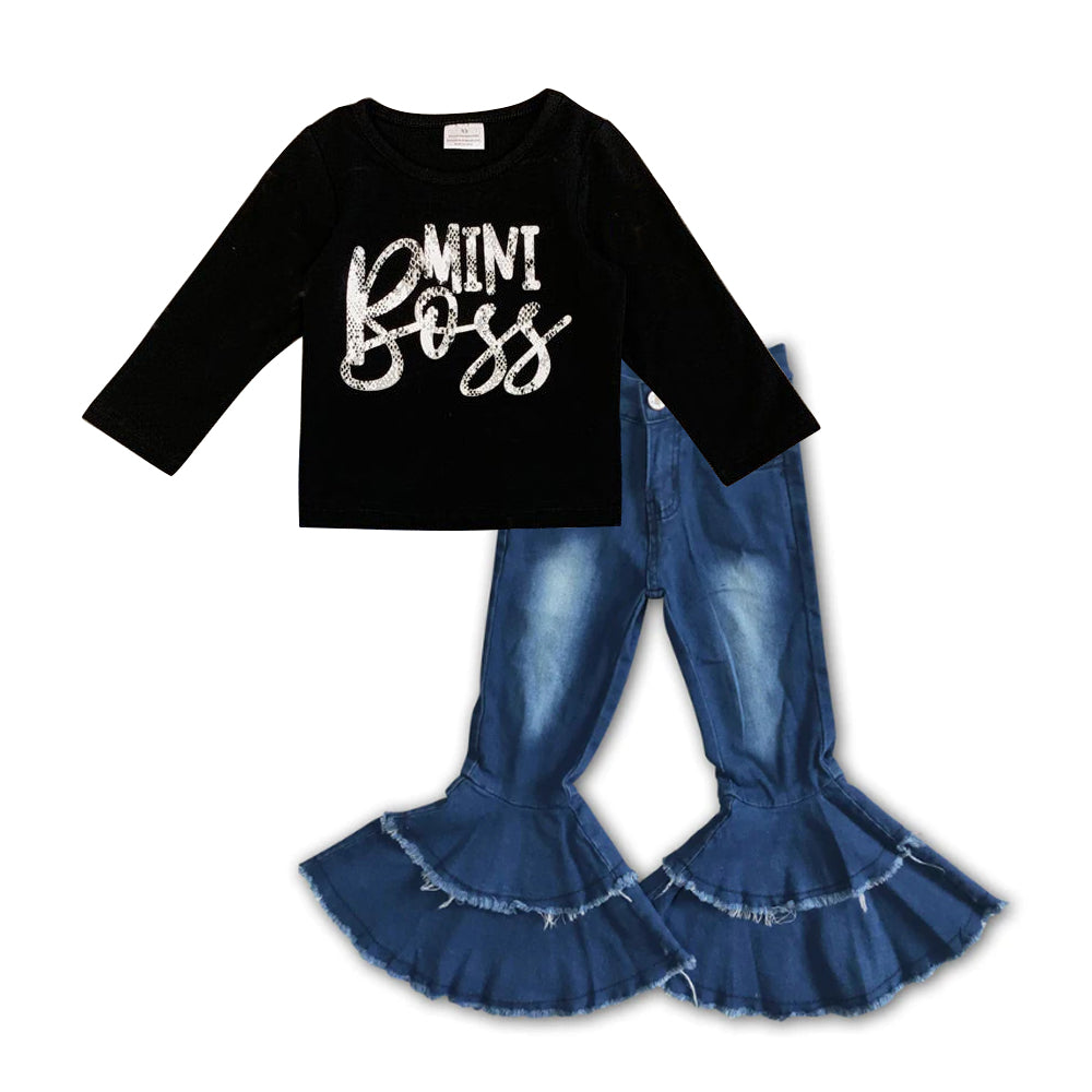 miss boss top blue jeans bell  bottoms spring fall outfit