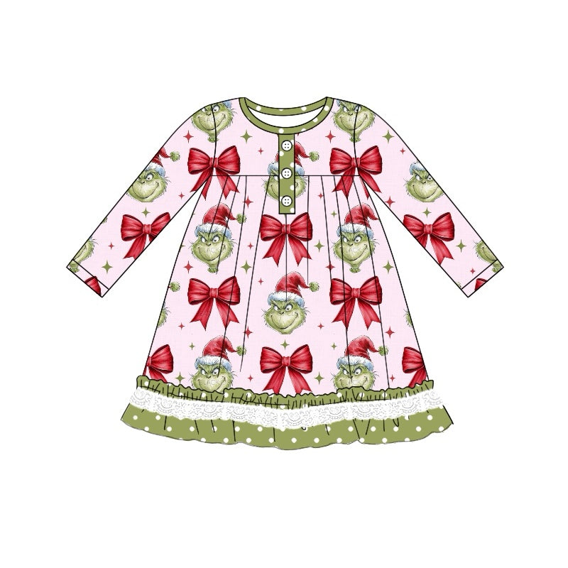 Christmas red bow green face long sleeve dress preorder