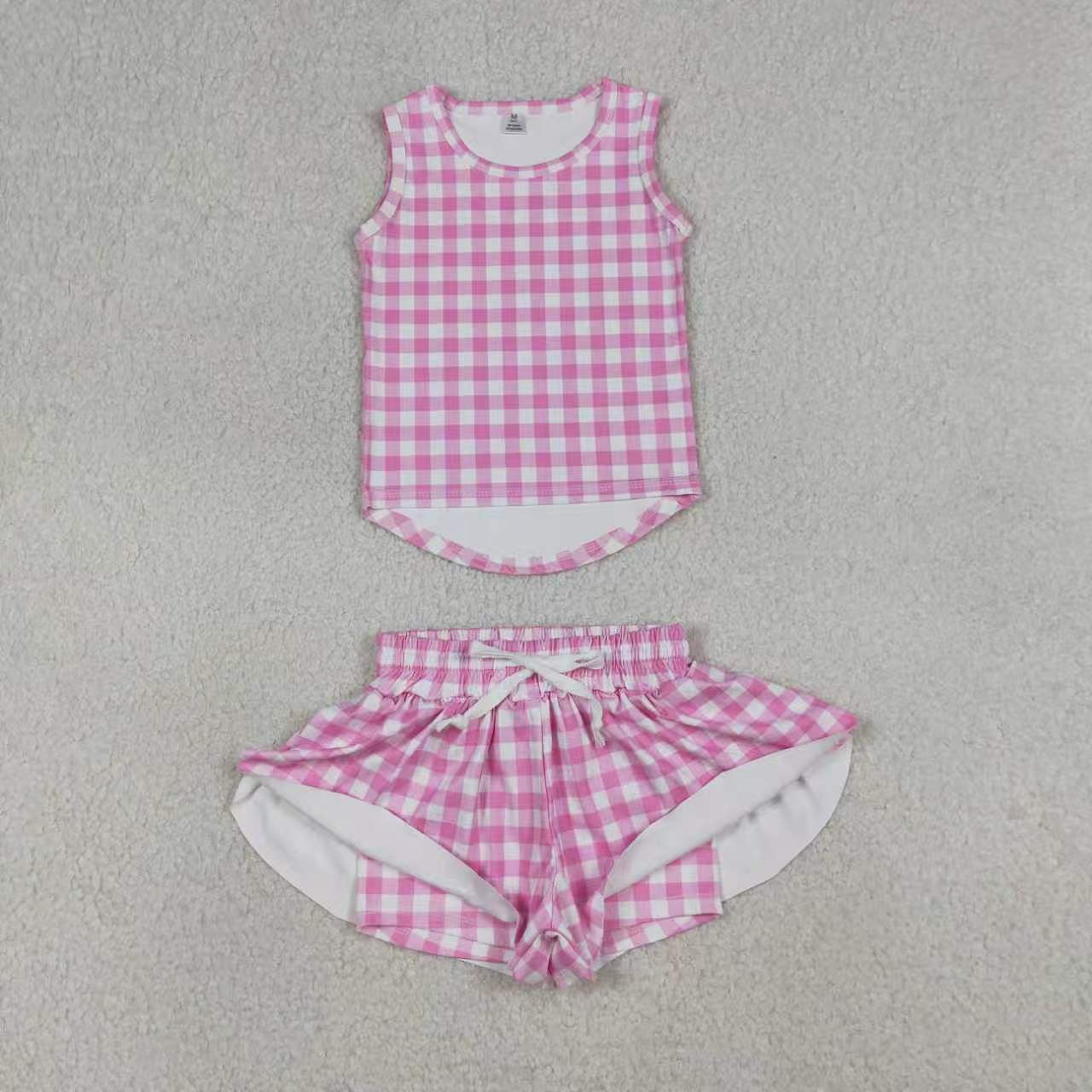 Yellow plaid top matching shorts girl summer yoga outfit preorder