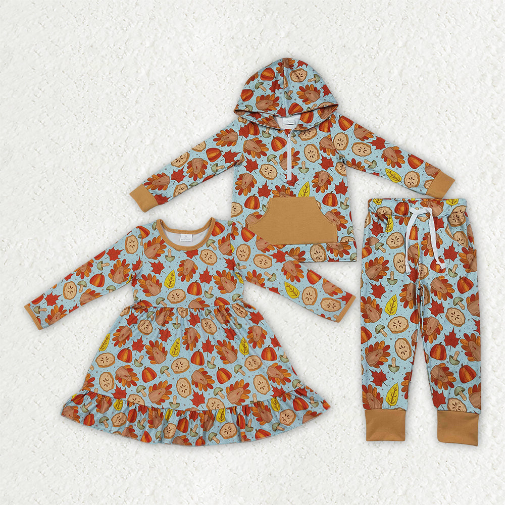 Boys long sleeve Thanksgiving turkey top matching pants fall outfit